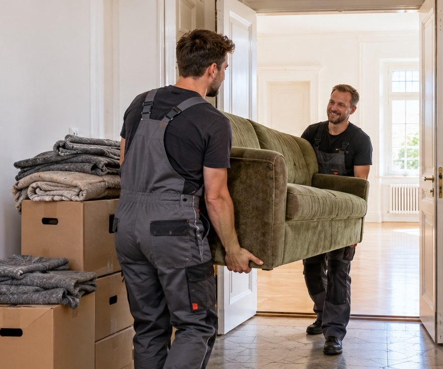 Symbolbild: Zwei Helfer tragen ein Sofa bei der Wohnungsauflösung – Fachbetriebe für Oelsnitz